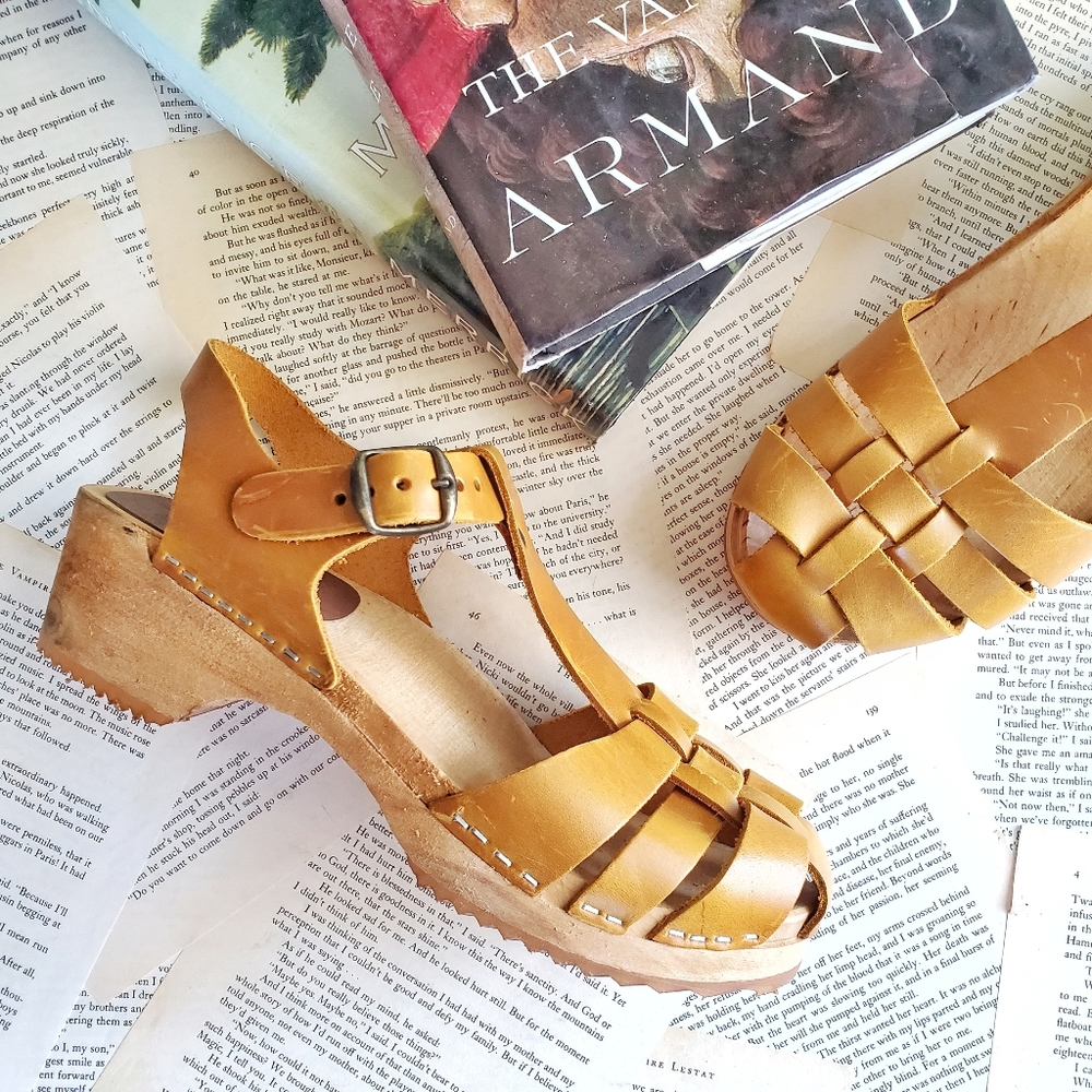MIA Tan Leather Woven Clog Sandals